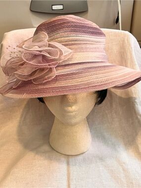 Women's Pink Striped Wide-Brim Floral Accent Hat
